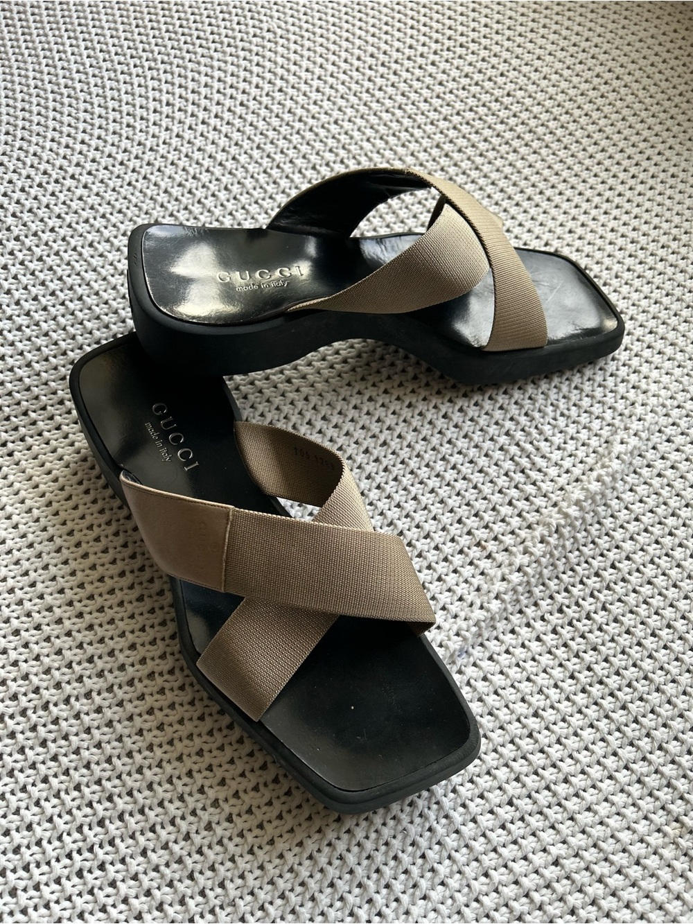 Gucci Beige Crisscross Strap Black Platform Sandals